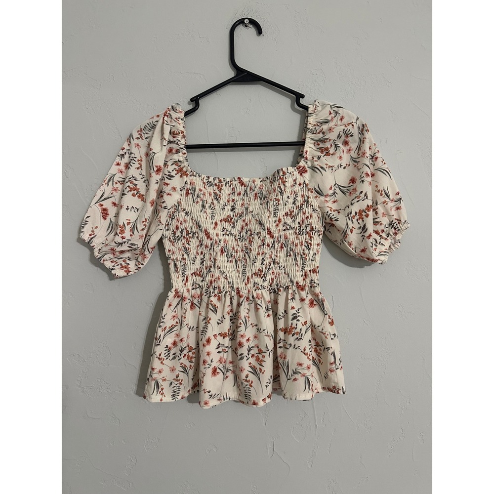 Loness Floral Smocked Peplum Top Square Neck Puff‎ Sleeve Blouse XS